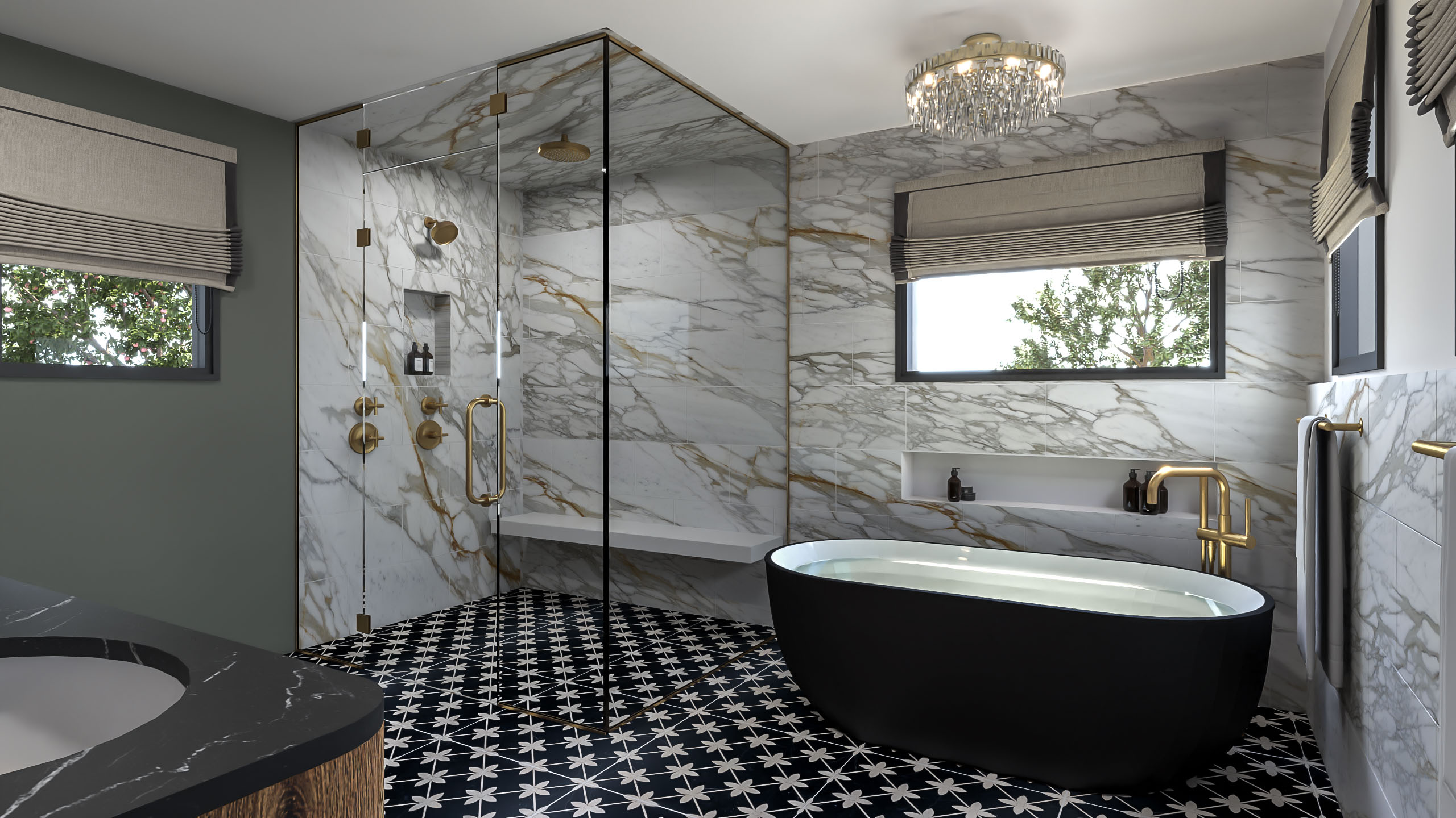 Bathroom with fleur de list black and white tile floor, black free standing bath, marble shower with glass enclosure and crystal flush mount chandelier