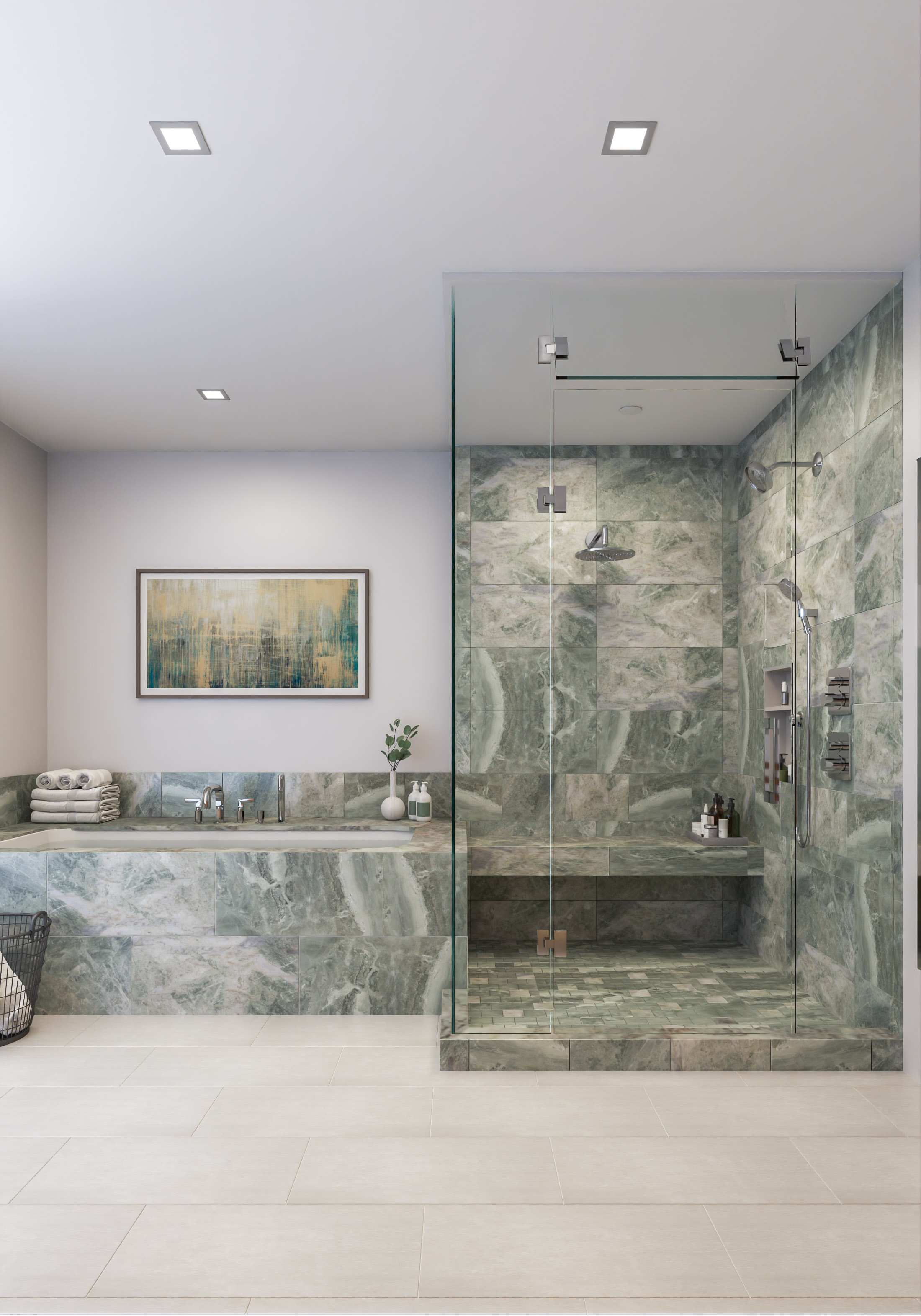 Bathroom with marble bath, shower floor and bench and grey wall with painting