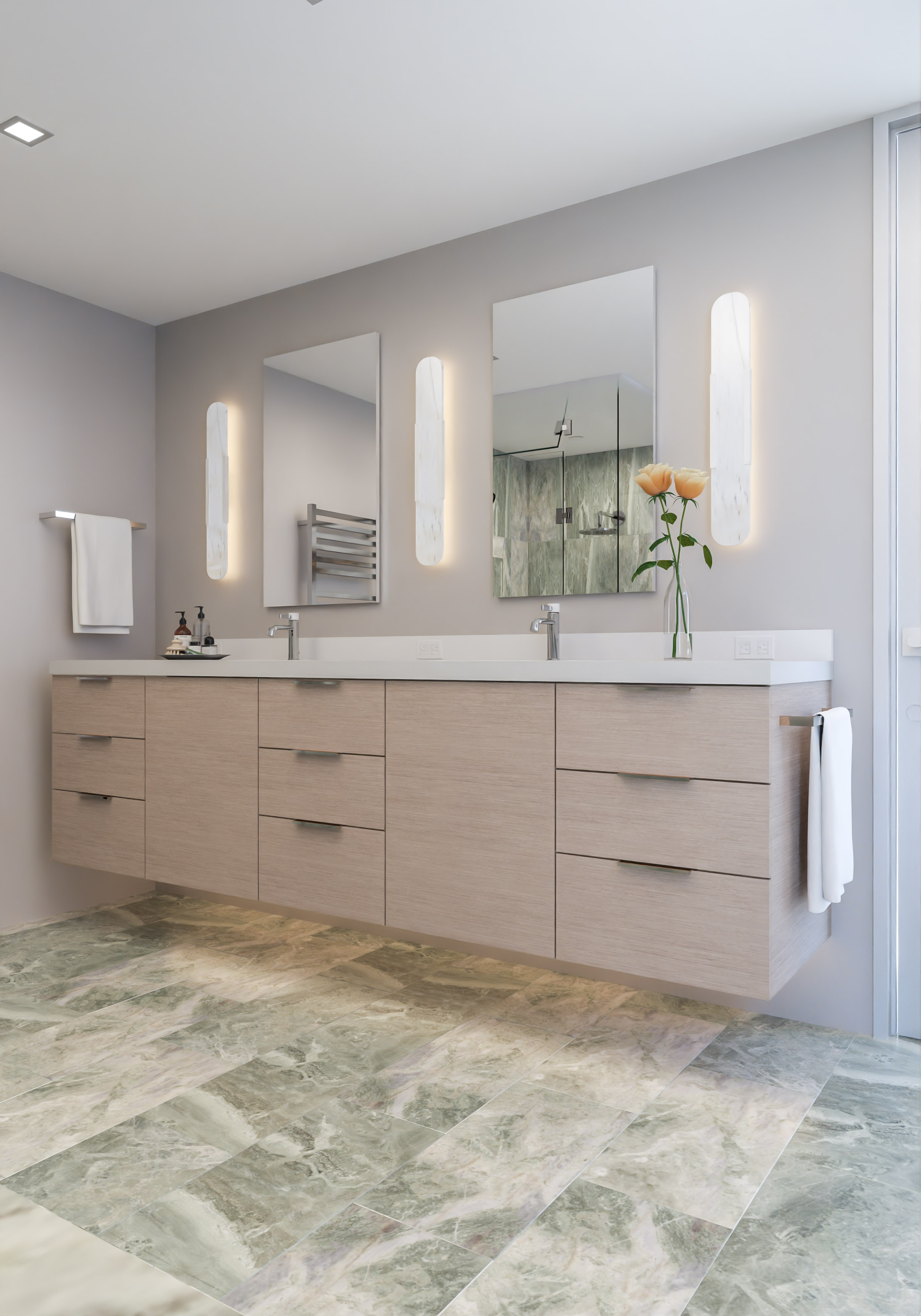 Bathroom vanity with single medicine cabinets and alabaster wall sconces